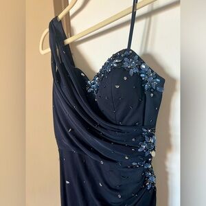 XScape by Joanna Chen midnight blue one shoulder ball gown / prom dress, size 4